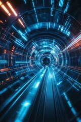 A vibrant digital tunnel illuminated by blue and orange lights, conveying the sensation of speed and motion in a futuristic space