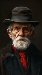 an old well dressed man in hat, dark background