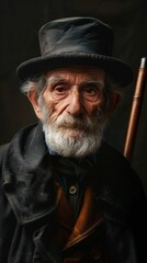 an old well dressed man in hat, dark background