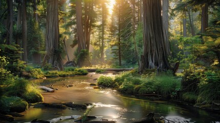 Obraz premium Serene forest landscape at sunset featuring towering trees and a calm stream in a vibrant natural setting
