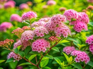 Obraz premium Delicate pink flowers bloom profusely on a lush, green spirea bush, surrounded by lush foliage, creating a serene