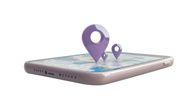 Mobile GPS navigator with map pins highlighting locations