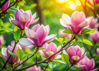 Fototapeta premium Delicate pink magnolia flowers bloom on a lush green bush, surrounded by large leaves, against a soft, blurred