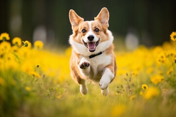 Happy corgi dog running in a field of blooming yellow flowers on a sunny day
