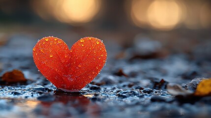 Fototapeta premium A vibrant red heart-shaped leaf resting on wet ground amidst falling autumn leaves in a tranquil setting during golden hour