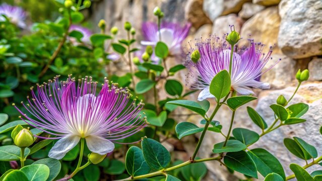 Delicate purple flowers of the caper bush, Capparis spinosa, bloom in profusion against a backdrop of bright green