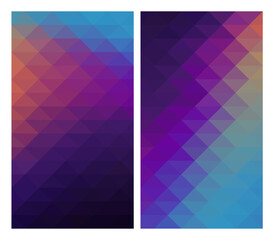 Set of geometric backgrounds, vertical polygonal backdrop in purple, blue and orange colors, texture vector illustration