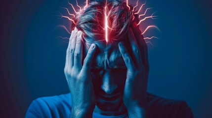 A man holding his head in agony with electric sparks symbolizing overwhelming mental strain in a dark blue toned environment highlighting intense emotions