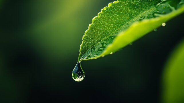  A close-up shot of a single raindrop hanging from the tip of a leaf, with the drop reflecting the surrounding environment. 