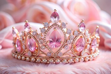Delicate, sparkling pink crown adorned with intricate gems and flora, symbolizing femininity, elegance, and royalty,