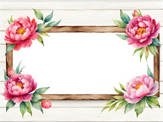 Frame with peony flowers and leaves on wooden background