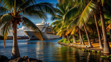 Fototapeta premium Cruise ship on calm waters with palm trees in a tropical paradise