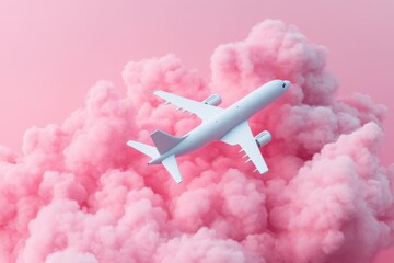 A pastel 3D clay-style airplane soars through a soft