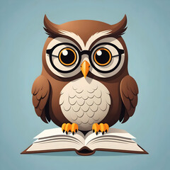 Obraz premium a vector logo of a cartoon owl reading a book wearing glasses, mascot, character, education, learning, wisdom, knowledge, library, study, cute, animal, bird, design, graphic, emblem, symbol, creative