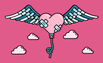 cartoon line style illustration of heart shaped balloon patched with bandages flies into the sky with bird wings. Clip art can be used for t shirt, clothing, print, banner, invitation, sticker