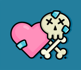 cartoon line style illustration of wounded heart patched with bandages and a skull forming a cross to simulate a toxic and dangerous relationship. Clip art can be used for t shirt, clothing, print