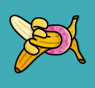 recommend clip art: cartoon line style illustration of two bananas one peeled and one not stuck in the pink glaze donut hole. Clip art can be used for t shirt, clothing, print, banner, invitation, party card, sticker