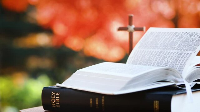 Holy Cross of Jesus Christ, Bible, Beautiful Red Maple Leaves Landscape and Thanksgiving Autumn Background
