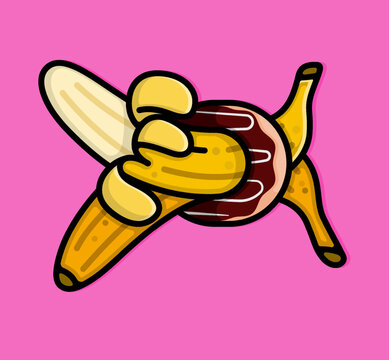 recommend clip art: cartoon line style illustration of two bananas one peeled and one not stuck in chocolate glaze donut hole. Clip art can be used for t shirt, clothing, print, banner, invitation, party card, sticker