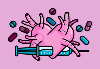 cartoon line style illustration of heart pierced with a syringe metaphor for medicine from heartache and love. Clip art can be used for t shirt, clothing, print, banner, invitation, card, sticker