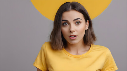 Surprised young woman in yellow t-shirt on grey background