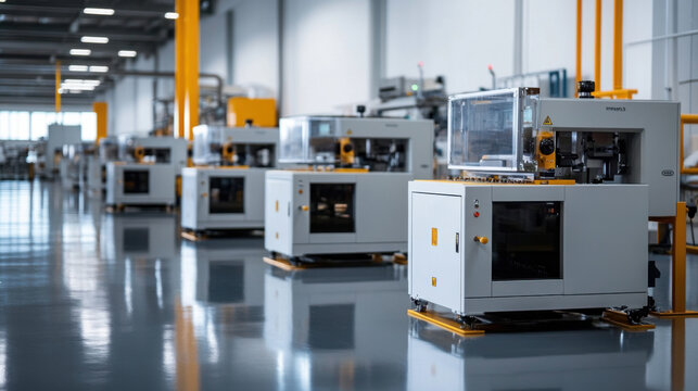 A row of automated machines in a modern, high-tech manufacturing facility, highlighting industrial innovation and efficiency.