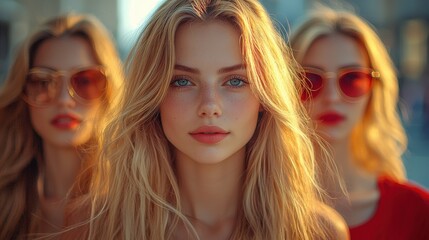 Young women with long hair and striking features pose together outdoors under bright sunlight, capturing a fashionable summer vibe