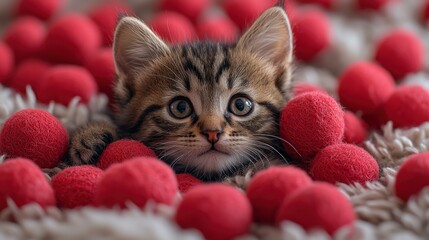 A playful kitten curiously surrounded by bright red pom poms on a cozy blanket in a warm indoor setting