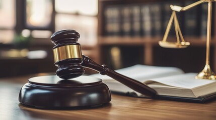 A judge's gavel rests upon a wooden desk, symbolizing the authority of the legal system and the concept of law firms. 