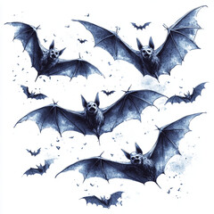 Cartoon style, flocks of bats on white background, Clipart, Halloween theme