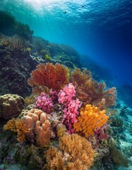 Naklejka premium Colorful Coral Garden Thriving Beneath the Waves in a Protected Marine Reserve