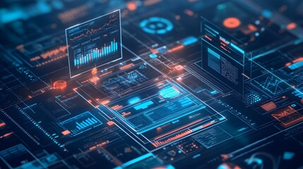 A 3D illustration of a fintech services platform with various digital tools and applications, displaying financial transactions, investment analytics, and secure banking features on a high-tech 