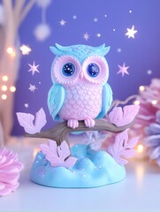 A cute pastel 3D clay-style owl sits perched on a branch