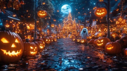 Spooky Halloween scene with glowing pumpkins and a ghostly figure.