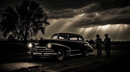 Elegant gangster couple posing stylishly by a vintage car in a classic noir setting