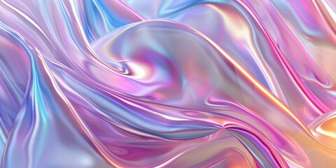 Banner background with Glossy iridescent pastel pink, blue, purple flowing fabric waves texture. Abstract holographic gradient textile pattern. Synthwave, Vaporwave, Retrowave, retro futurism style