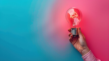 A hand holding a glowing lightbulb symbolizing a bright idea, with a vibrant gradient background transitioning from blue to pink.