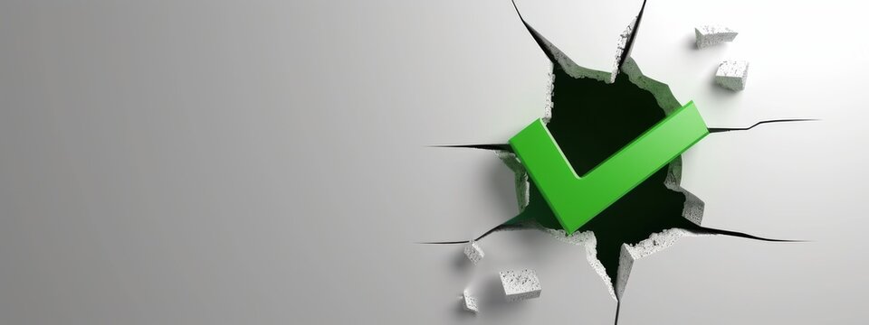 A 3D green check mark symbol breaking through white wall with a hole in the right, with left blank copy space