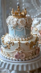 Obraz premium Elegant two-tiered cake adorned with roses, pearls, and a stunning crown, showcasing intricate detailing and craftsmanship, set against a softly lit background suitable for celebrations