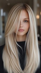 Fototapeta premium woman with Blonde hair color with highlights, long blonde layers, and a straight hairstyle. Blonde hair model at the salon. 