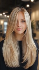 Obraz premium woman with Blonde hair color with highlights, long blonde layers, and a straight hairstyle. Blonde hair model at the salon. 