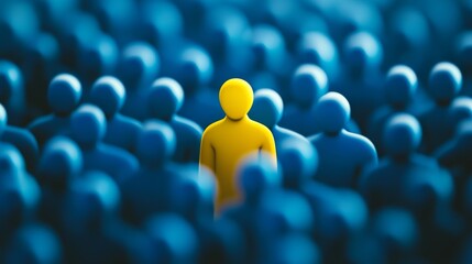 Fototapeta premium A single yellow figure stands out among a large crowd of blue silhouettes, symbolizing individuality and uniqueness in a sea of similarity at twilight