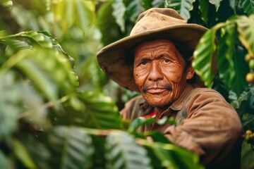 an ecuadorian worker, farmer  harvesting coffee in a large plantation, inspirational