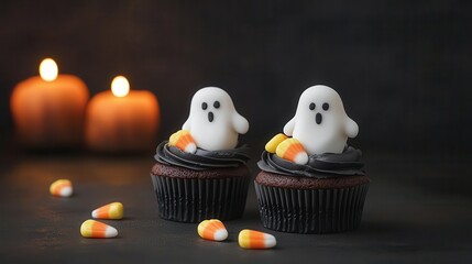 Baking Halloween-themed cupcakes with creative designs, featuring candy corn and ghost decorations, Halloween treats baking, fun and spooky