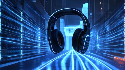 A pair of sleek 3D headphones suspended in mid-air, releasing pulsing sound waves that ripple through a futuristic environment, with bold lighting and energetic visuals 