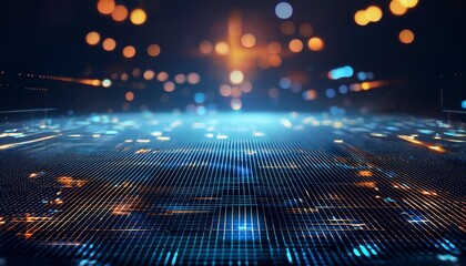 Pixelated grid with depth of field on a high-tech 3D background