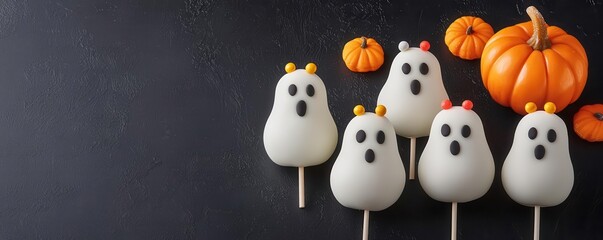 Halloween cake pops in the shape of ghosts and pumpkins, creatively designed with candy accents, Halloween treats baking, festive indulgence