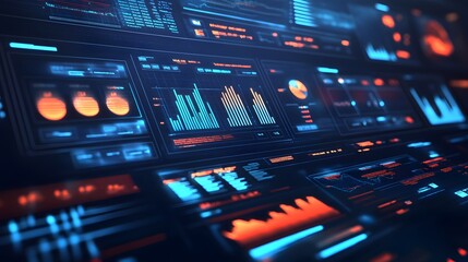 Fototapeta premium A sleek 3D illustration of a financial technology dashboard on a digital screen, showcasing various fintech applications with graphs, charts, and real-time data updates in a modern, high-tech 
