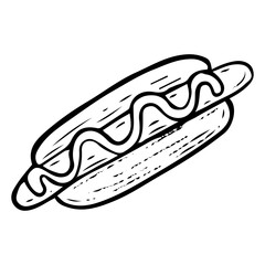 Hot dog hand drawn doodle. Sandwich with hot sausage. Snack fast food to go. Meat sausage in a bun with sauce. Order in a cafe. Time to eat. Vector sketch line art illustration.