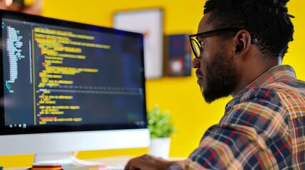 A software developer writing code on a computer screen in a bright and modern workspace during the daytime, showcasing vibrant colors and a focused ambiance